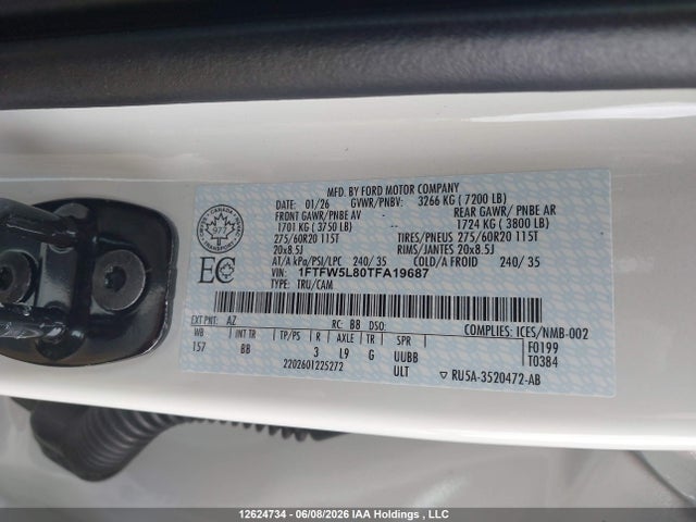 2026 Ford F-150 მანქანა იყიდება აუქციონზე, vin: 1FTFW5L80TFA19687, აუქციონის ნომერი: 12624734