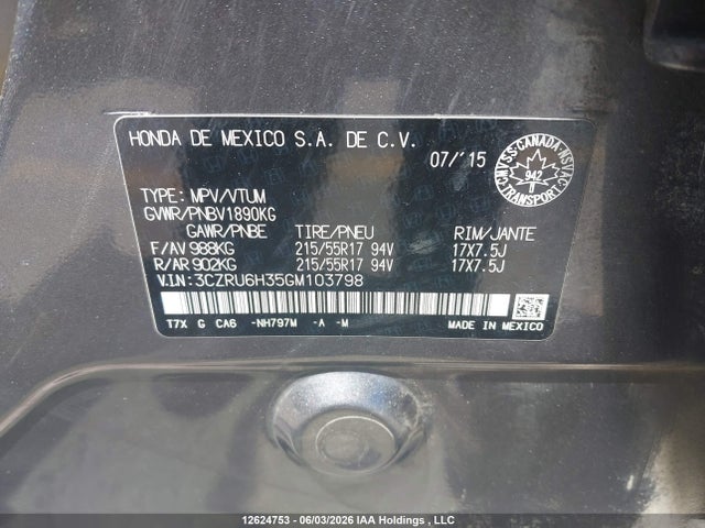 2016 Honda Hr-v Lx მანქანა იყიდება აუქციონზე, vin: 3CZRU6H35GM103798, აუქციონის ნომერი: 12624753