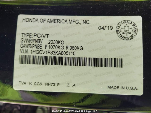 12624756 :رقم المزاد ، 1HGCV1F33KA805110 vin ، 2019 Honda Accord Sport 1.5t مزاد بيع