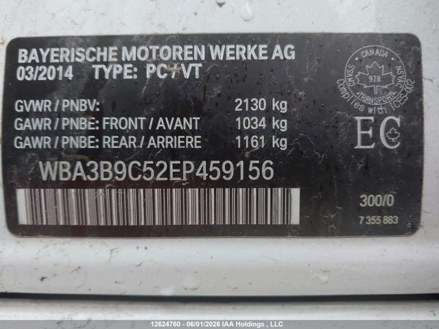 12624760 :رقم المزاد ، WBA3B9C52EP459156 vin ، 2014 Bmw 335i Xdrive مزاد بيع
