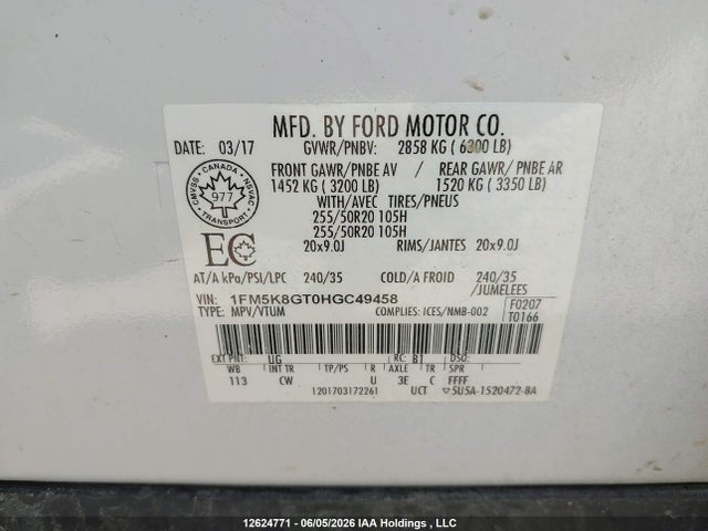 2017 Ford Explorer მანქანა იყიდება აუქციონზე, vin: 1FM5K8GT0HGC49458, აუქციონის ნომერი: 12624771