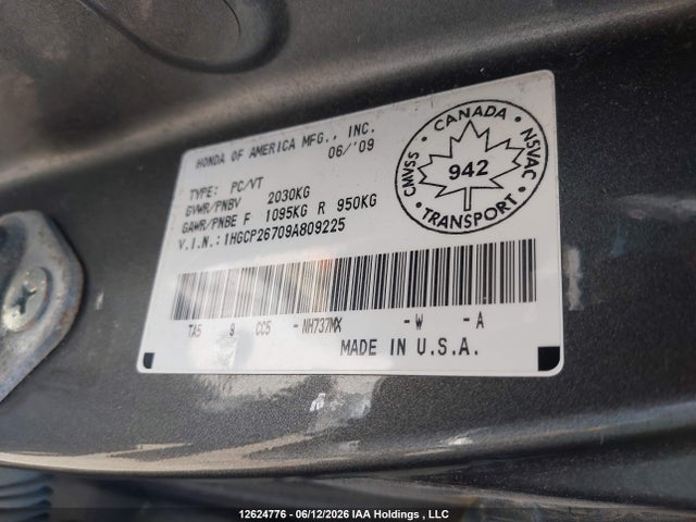2009 Honda Accord მანქანა იყიდება აუქციონზე, vin: 1HGCP26709A809225, აუქციონის ნომერი: 12624776