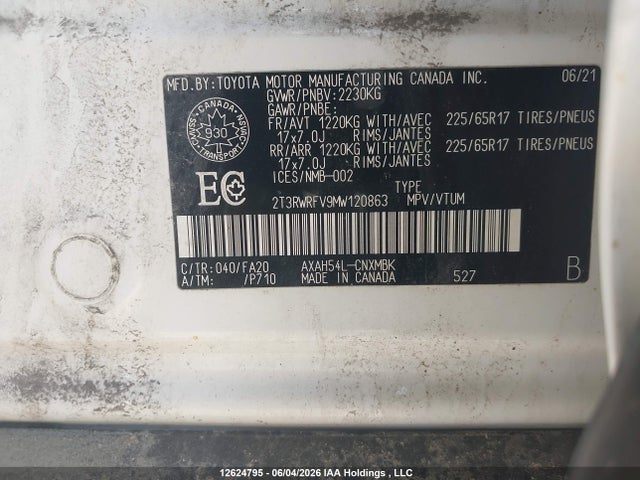 12624795 :رقم المزاد ، 2T3RWRFV9MW120863 vin ، 2021 Toyota Rav4 Hybrid Xle مزاد بيع