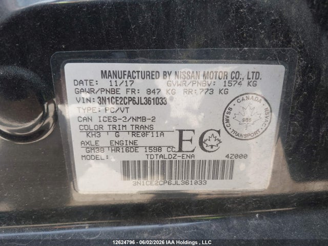 12624796 :رقم المزاد ، 3N1CE2CP6JL361033 vin ، 2018 Nissan Versa Note S مزاد بيع