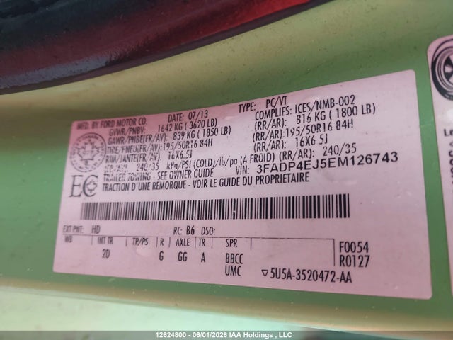 2014 Ford Fiesta Se მანქანა იყიდება აუქციონზე, vin: 3FADP4EJ5EM126743, აუქციონის ნომერი: 12624800