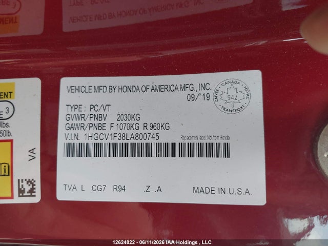 Aukcja sprzedaży 2020 Honda Accord Sport 1.5t, vin: 1HGCV1F38LA800745, numer aukcji: 12624822