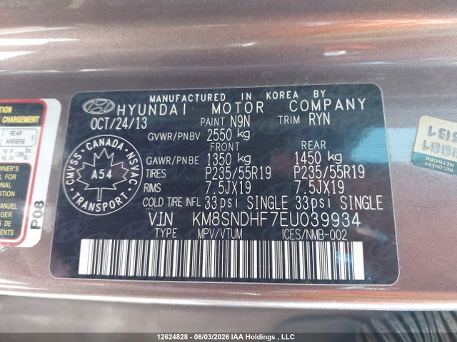 2014 Hyundai Santa Fe მანქანა იყიდება აუქციონზე, vin: KM8SNDHF7EU039934, აუქციონის ნომერი: 12624828