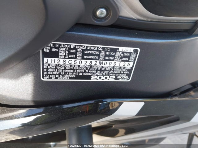 2002 Honda Cbr მანქანა იყიდება აუქციონზე, vin: JH2SC50282M000135, აუქციონის ნომერი: 12624830