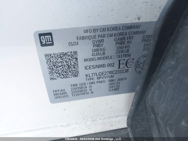 2024 Chevrolet Trax მანქანა იყიდება აუქციონზე, vin: KL77LGE27RC231138, აუქციონის ნომერი: 12624834