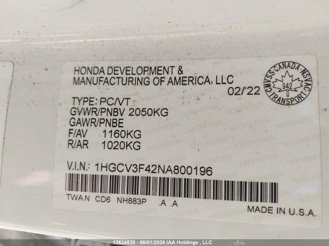 12624836 :رقم المزاد ، 1HGCV3F42NA800196 vin ، 2022 Honda Accord Hybrid Ex مزاد بيع