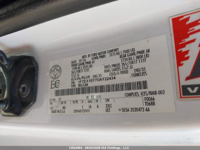 Aukcja sprzedaży 2016 Ford F-150 Xlt, vin: 1FTEX1EF7GKF22434, numer aukcji: 12624864