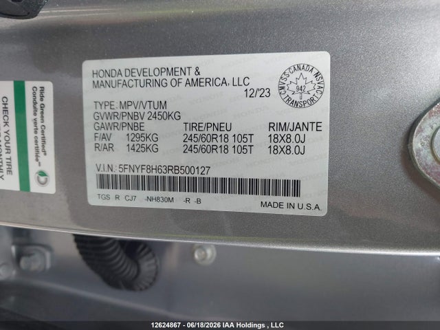 12624867 :رقم المزاد ، 5FNYF8H63RB500127 vin ، 2024 Honda Passport Trail Sport مزاد بيع