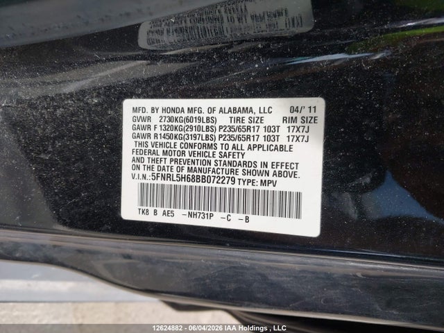 Продажа на аукционе авто 2011 Honda Odyssey, vin: 5FNRL5H68BB072279, номер лота: 12624882