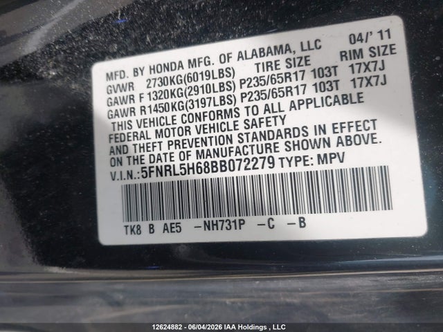 Продажа на аукционе авто 2011 Honda Odyssey, vin: 5FNRL5H68BB072279, номер лота: 12624882