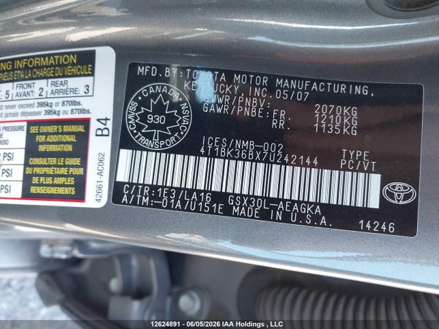12624891 :رقم المزاد ، 4T1BK36BX7U242144 vin ، 2007 Toyota Avalon Xl/xls/touring/limited مزاد بيع