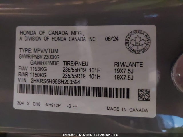 Продаж на аукціоні авто 2025 Honda Cr-v Sport Touring, vin: 2HKRS6H99SH203594, номер лоту: 12624898