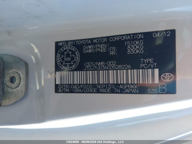 Продаж на аукціоні авто 2012 Toyota Yaris, vin: JTDJTUD36CD528226, номер лоту: 12624899