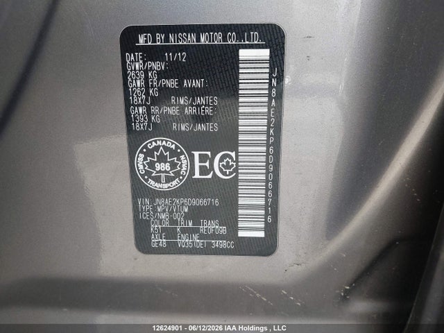 Aukcja sprzedaży 2013 Nissan Quest 3.5 Le/3.5 S/3.5 Sl/3.5 Sv, vin: JN8AE2KP6D9066716, numer aukcji: 12624901