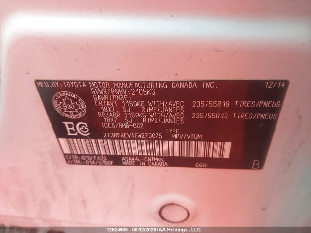 12624905 :رقم المزاد ، 2T3RFREV4FW270075 vin ، 2015 Toyota Rav4 Xle مزاد بيع