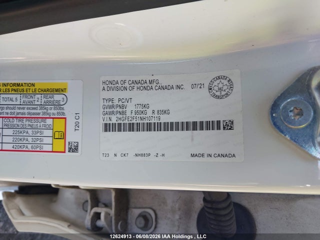 2022 Honda Civic Sport მანქანა იყიდება აუქციონზე, vin: 2HGFE2F51NH107119, აუქციონის ნომერი: 12624913