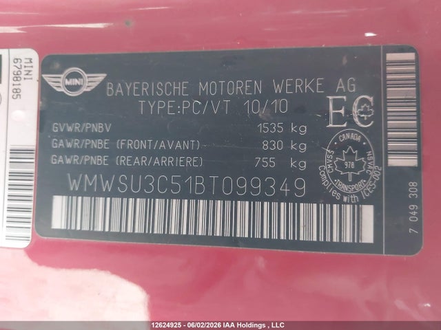 12624925 :رقم المزاد ، WMWSU3C51BT099349 vin ، 2011 Mini Cooper مزاد بيع