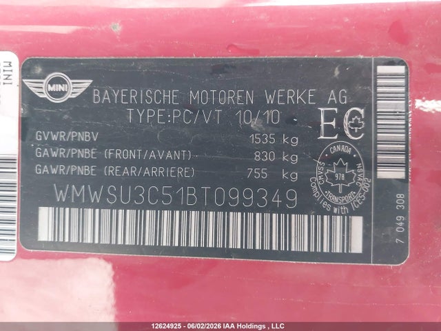 12624925 :رقم المزاد ، WMWSU3C51BT099349 vin ، 2011 Mini Cooper مزاد بيع