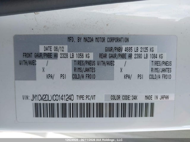 2012 Mazda Mazda5 Gt მანქანა იყიდება აუქციონზე, vin: JM1CW2DLXC0141240, აუქციონის ნომერი: 12624928