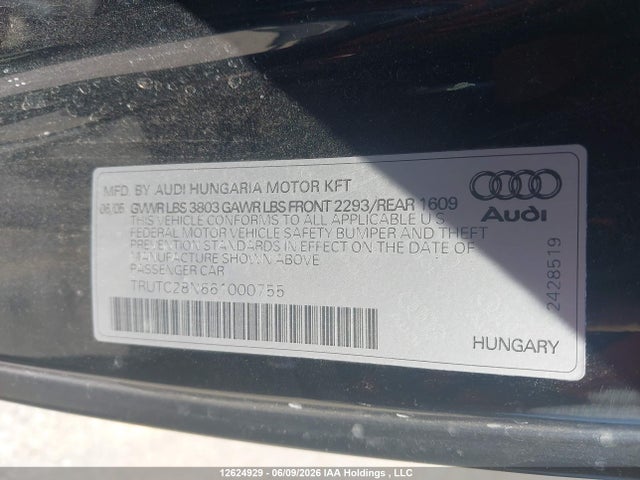 2006 Audi Tt მანქანა იყიდება აუქციონზე, vin: TRUTC28N661000755, აუქციონის ნომერი: 12624929
