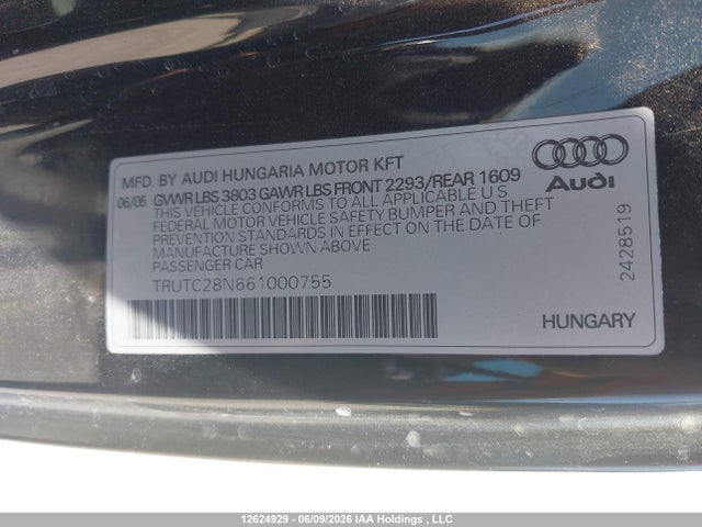 2006 Audi Tt მანქანა იყიდება აუქციონზე, vin: TRUTC28N661000755, აუქციონის ნომერი: 12624929