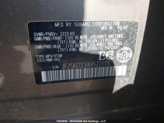Продажа на аукционе авто 2019 Subaru Forester 2.5i Convenience, vin: JF2SKEDC6KH522173, номер лота: 12624930