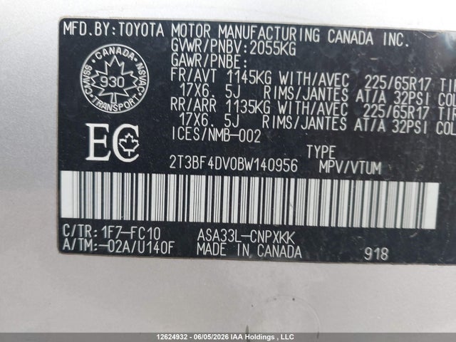 12624932 :رقم المزاد ، 2T3BF4DV0BW140956 vin ، 2011 Toyota Rav4 مزاد بيع