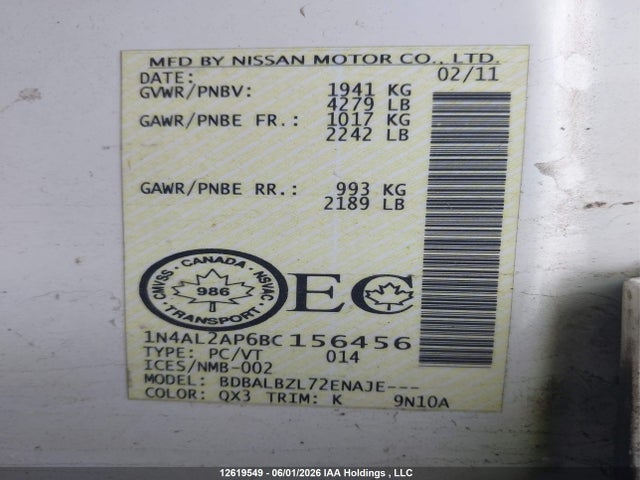 Продаж на аукціоні авто 2011 Nissan Altima 2.5, vin: 1N4AL2AP6BC156456, номер лоту: 12619549