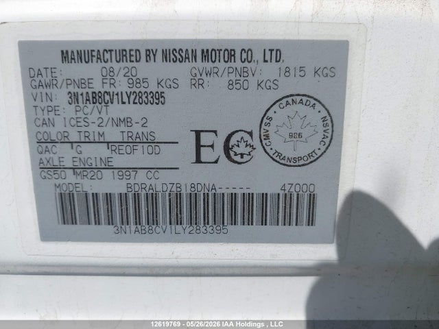 12619769 :رقم المزاد ، 3N1AB8CV1LY283395 vin ، 2020 Nissan Sentra Sv مزاد بيع
