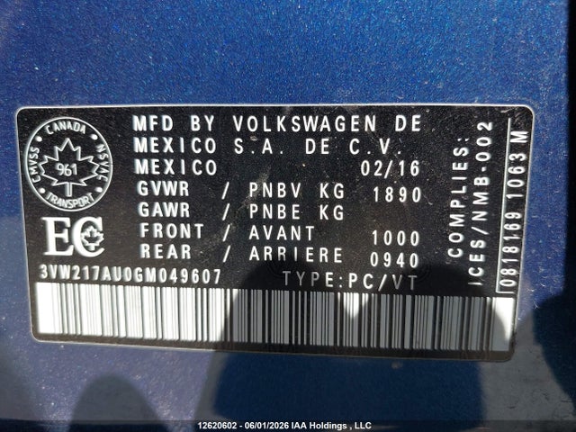 Aukcja sprzedaży 2016 Volkswagen Golf 1.8 Tsi Comfortline/1.8 Tsi Highline/1.8 Tsi Trendline, vin: 3VW217AU0GM049607, numer aukcji: 12620602