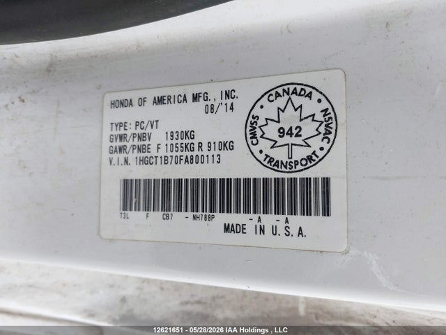 Aukcja sprzedaży 2015 Honda Accord Ex, vin: 1HGCT1B70FA800113, numer aukcji: 12621651