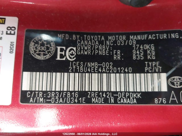 Продаж на аукціоні авто 2010 Toyota Corolla Ce, vin: 2T1BU4EE4AC201240, номер лоту: 12622958