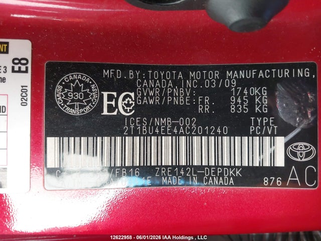 Продаж на аукціоні авто 2010 Toyota Corolla Ce, vin: 2T1BU4EE4AC201240, номер лоту: 12622958