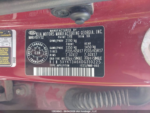 Продажа на аукционе авто 2013 Kia Sorento, vin: 5XYKT3A6XDG310225, номер лота: 12624943