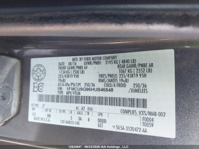 12624947 :رقم المزاد ، 1FMCU9G96HUB46848 vin ، 2017 Ford Escape Se مزاد بيع