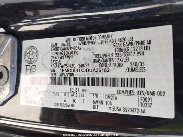 12624952 :رقم المزاد ، 1FMCU0GX3DUA36182 vin ، 2013 Ford Escape Se مزاد بيع