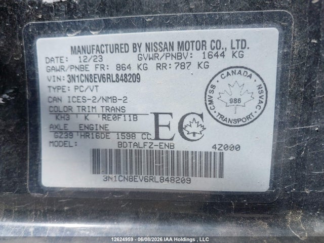 Продаж на аукціоні авто 2024 Nissan Versa Sv, vin: 3N1CN8EV6RL848209, номер лоту: 12624959