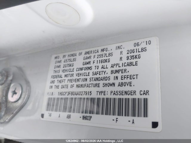 12624962 :رقم المزاد ، 1HGCP3F80AA027915 vin ، 2010 Honda Accord مزاد بيع
