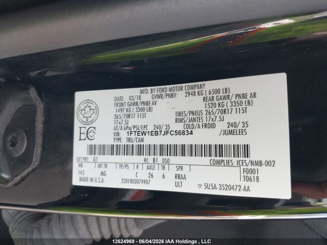 12624969 :رقم المزاد ، 1FTEW1EB7JFC56834 vin ، 2018 Ford F150 مزاد بيع