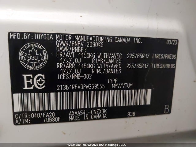 12624980 :رقم المزاد ، 2T3B1RFV3PW359555 vin ، 2023 Toyota Rav4 Le مزاد بيع