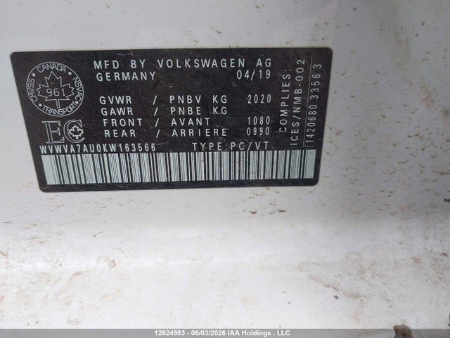 Продаж на аукціоні авто 2019 Volkswagen Golf R 2.0 Tsi, vin: WVWVA7AU0KW163566, номер лоту: 12624983