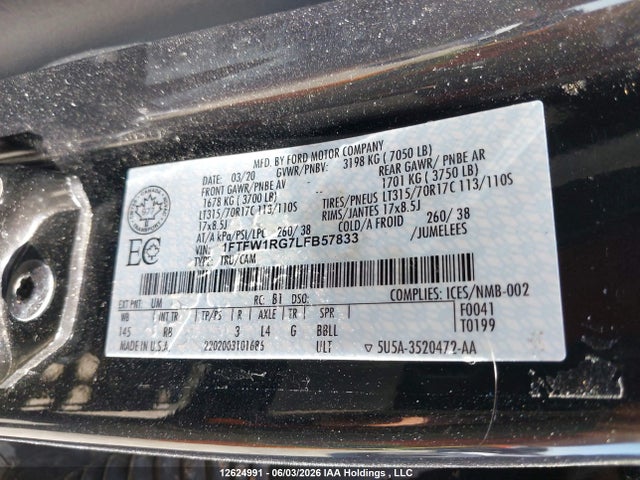 Продаж на аукціоні авто 2020 Ford F150 Raptor, vin: 1FTFW1RG7LFB57833, номер лоту: 12624991