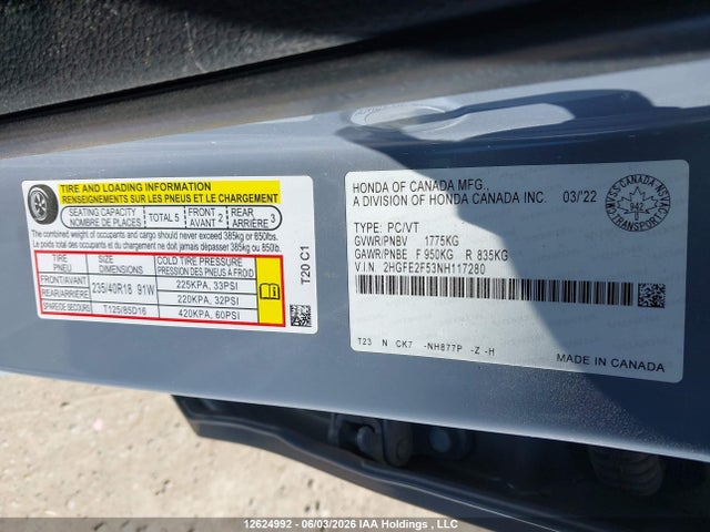 Продаж на аукціоні авто 2022 Honda Civic Sport, vin: 2HGFE2F53NH117280, номер лоту: 12624992