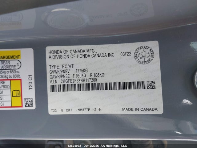 Продаж на аукціоні авто 2022 Honda Civic Sport, vin: 2HGFE2F53NH117280, номер лоту: 12624992