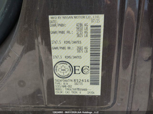 Aukcja sprzedaży 2015 Nissan Nvp, vin: 5BZAF0AA7FN852416, numer aukcji: 12624993