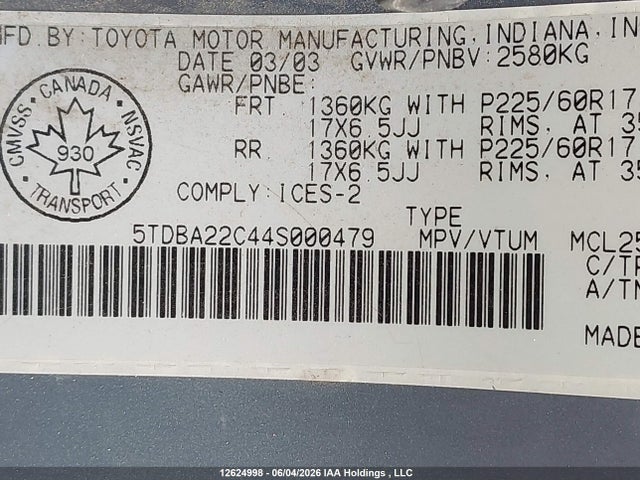 12624998 :رقم المزاد ، 5TDBA22C44S000479 vin ، 2004 Toyota Sienna Xle/xle Limited مزاد بيع